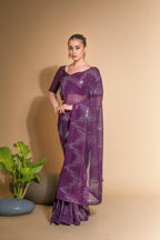 Jyoti Fashion Women's Wine Georgette Sequins Embroidered Designer Saree with Blouse | Grocsy