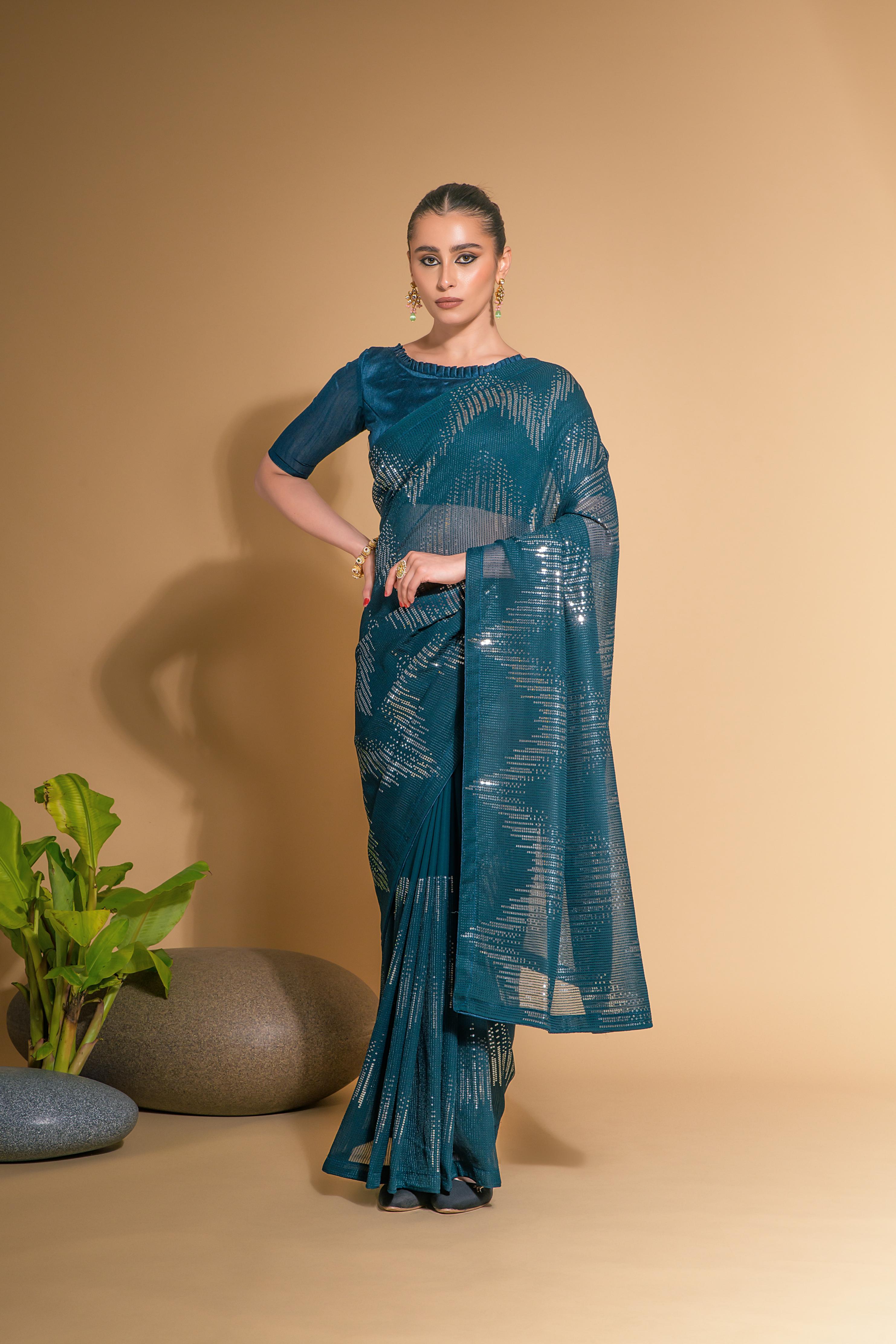 Jyoti Fashion Women's More Peach Georgette Sequins Embroidered Designer Saree with Blouse | Grocsy