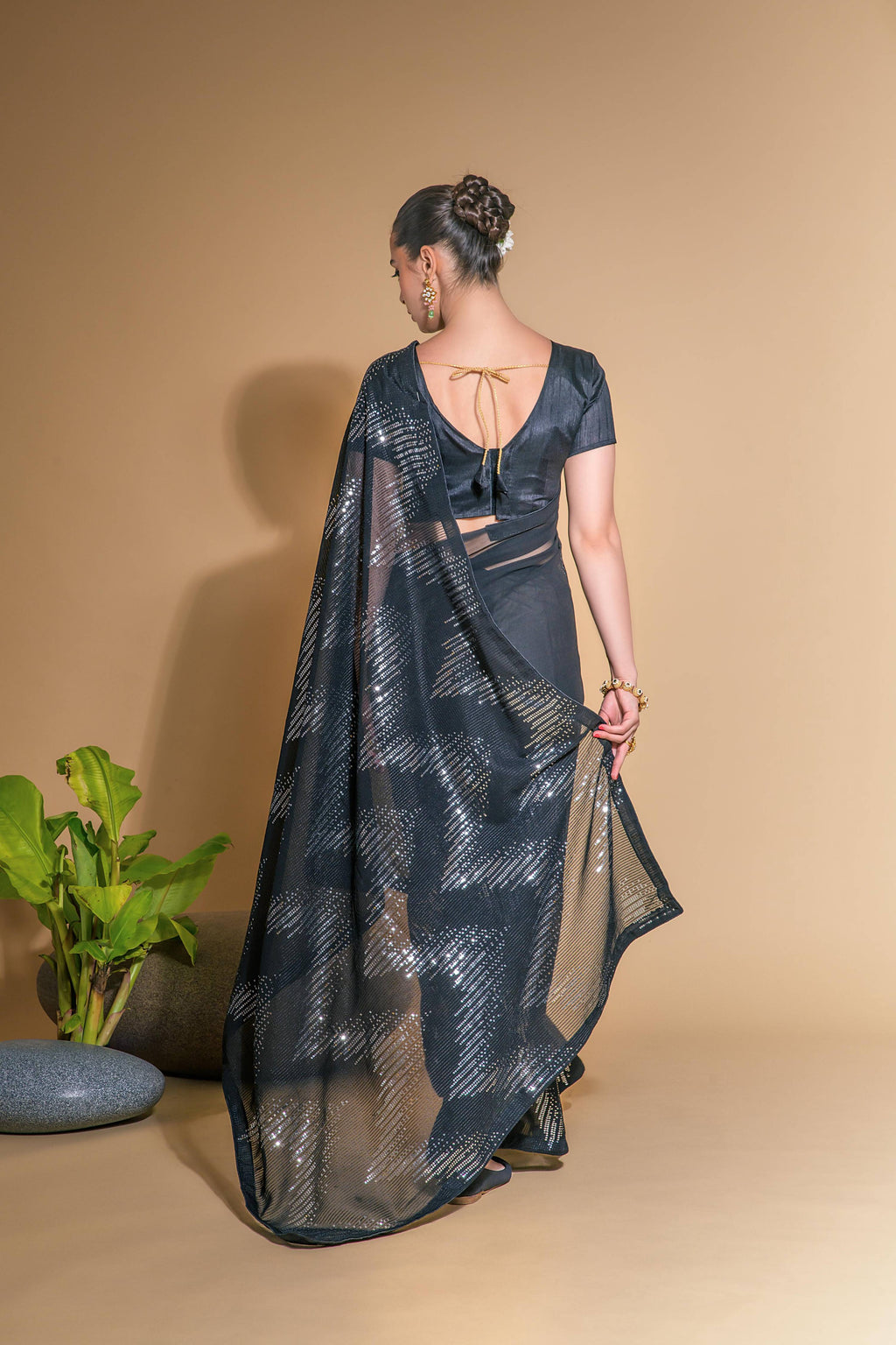 Jyoti Fashion Women's Black Georgette Sequins Embroidered Designer Saree with Blouse | Grocsy