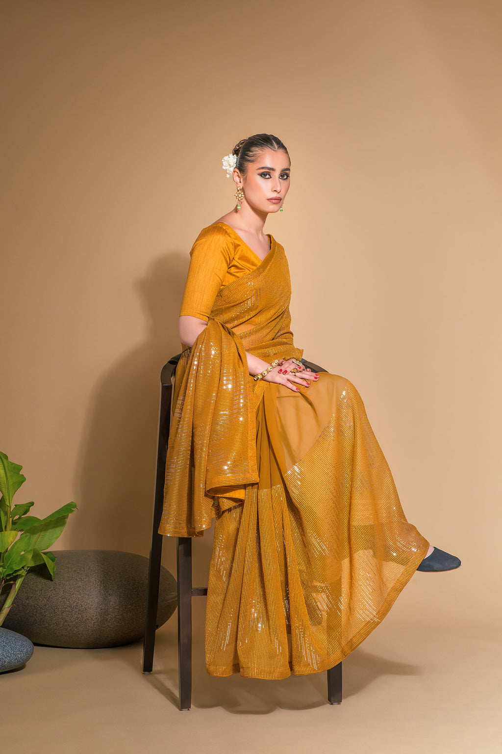 Jyoti Fashion Women's Mustard Georgette Sequins Embroidered Designer Saree with Blouse | Grocsy