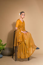 Jyoti Fashion Women's Mustard Georgette Sequins Embroidered Designer Saree with Blouse | Grocsy