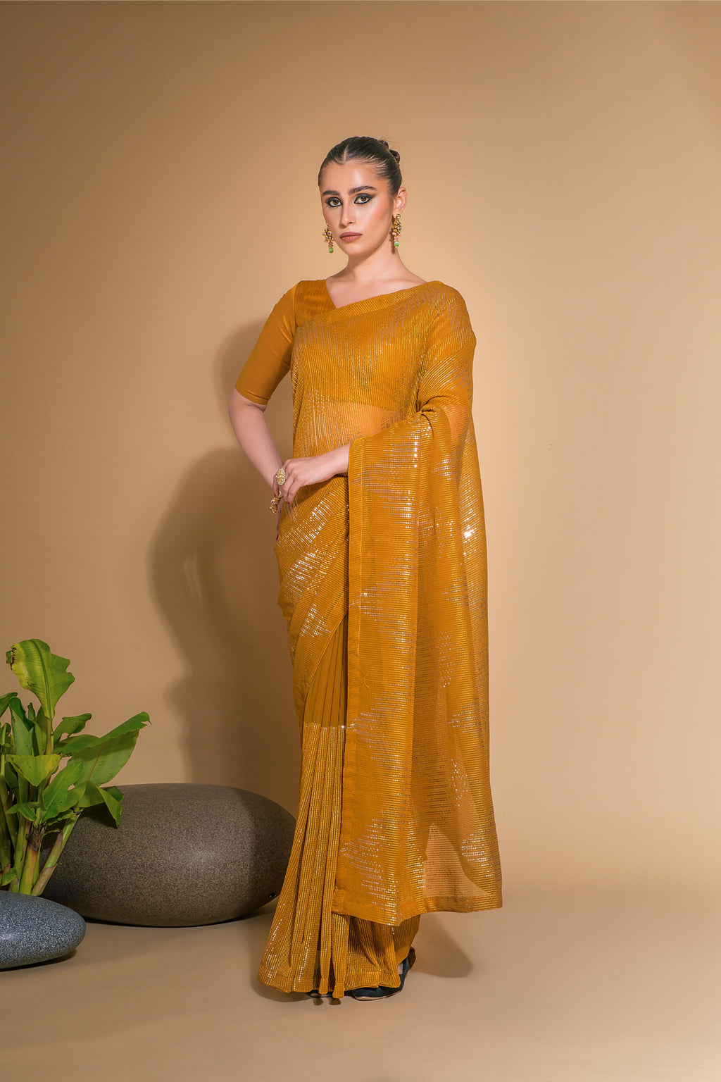 Jyoti Fashion Women's Mustard Georgette Sequins Embroidered Designer Saree with Blouse | Grocsy