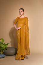 Jyoti Fashion Women's Mustard Georgette Sequins Embroidered Designer Saree with Blouse | Grocsy