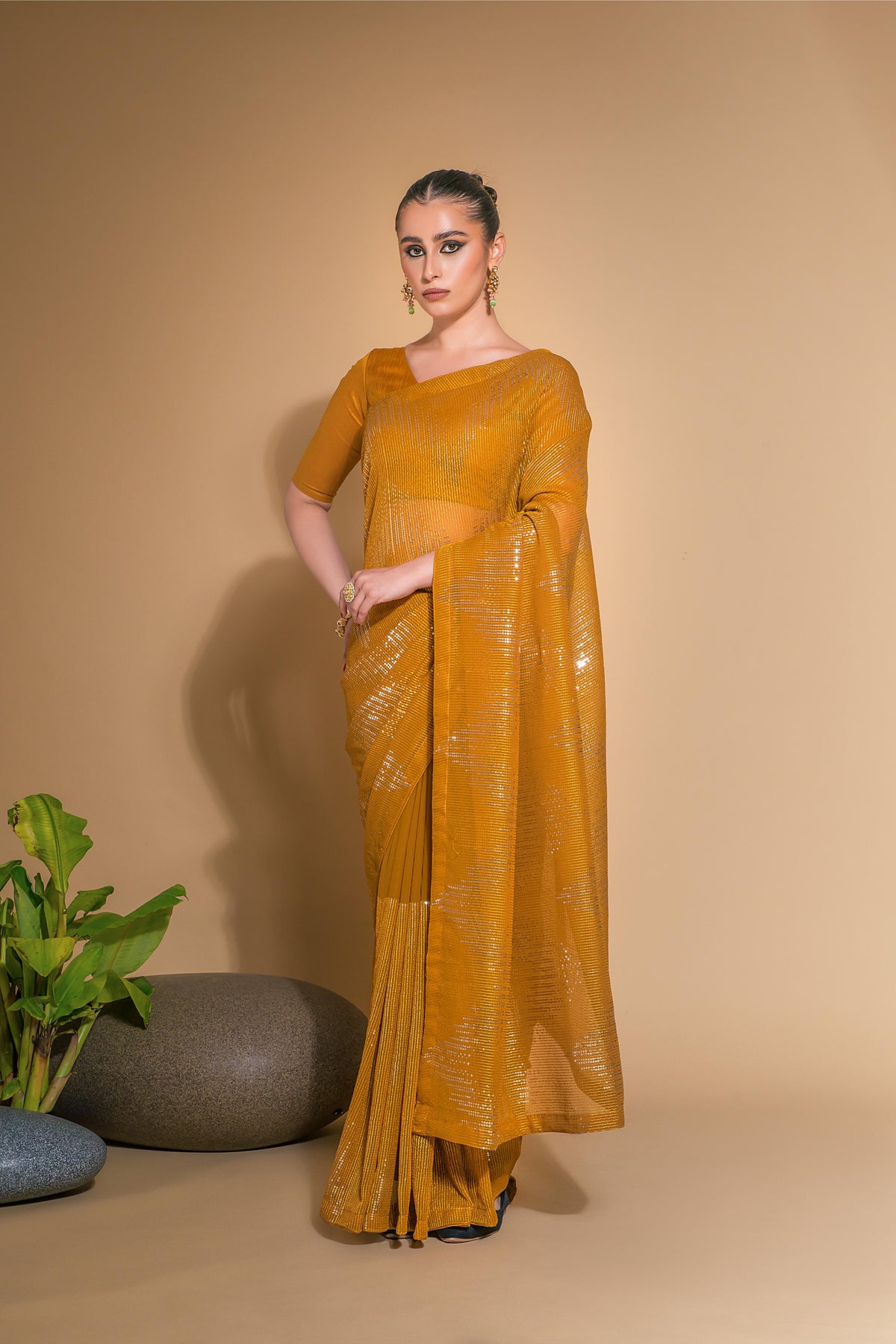 Jyoti Fashion Women's Mustard Georgette Sequins Embroidered Designer Saree with Blouse | Grocsy