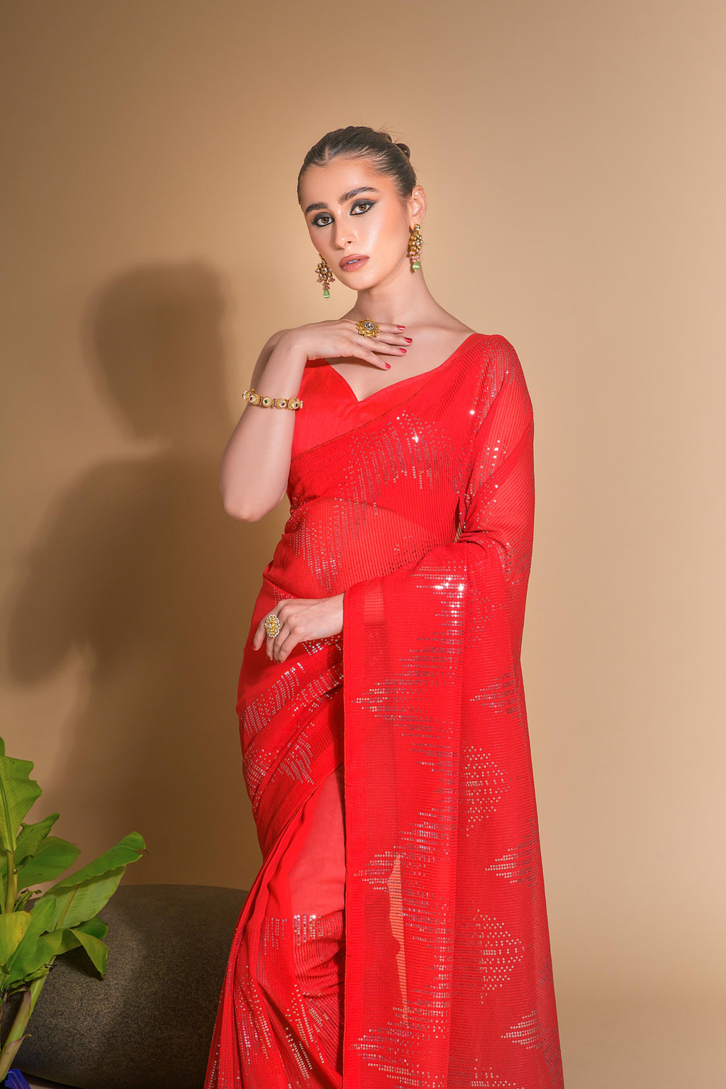 Jyoti Fashion Women's Red Georgette Sequins Embroidered Designer Saree with Blouse | Grocsy