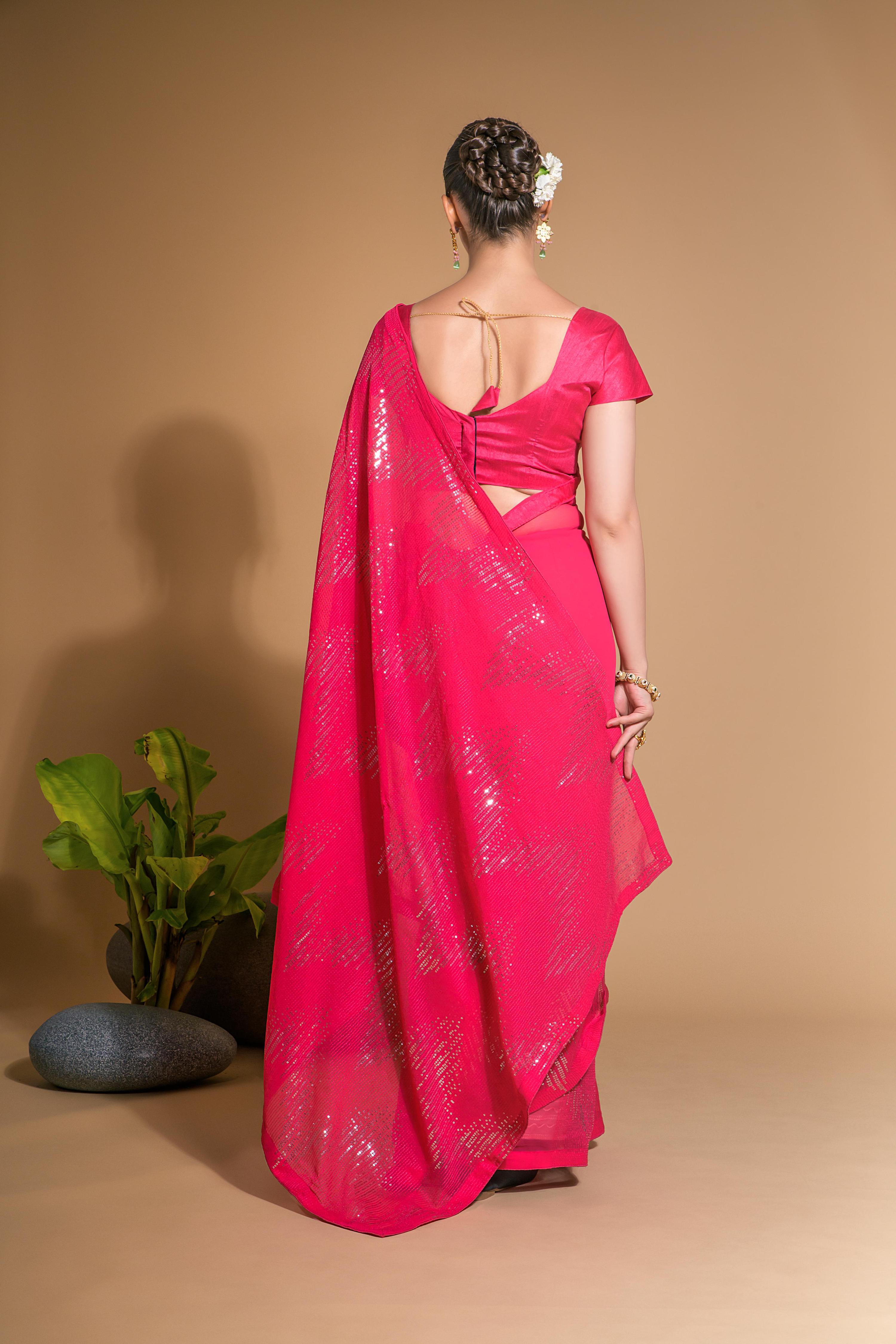 Jyoti Fashion Women's Pink Georgette Sequins Embroidered Designer Saree with Blouse | Grocsy