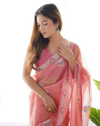 Jyoti Fashion Women's Peach Net Sequins Embroidered Designer Saree with Blouse | Grocsy