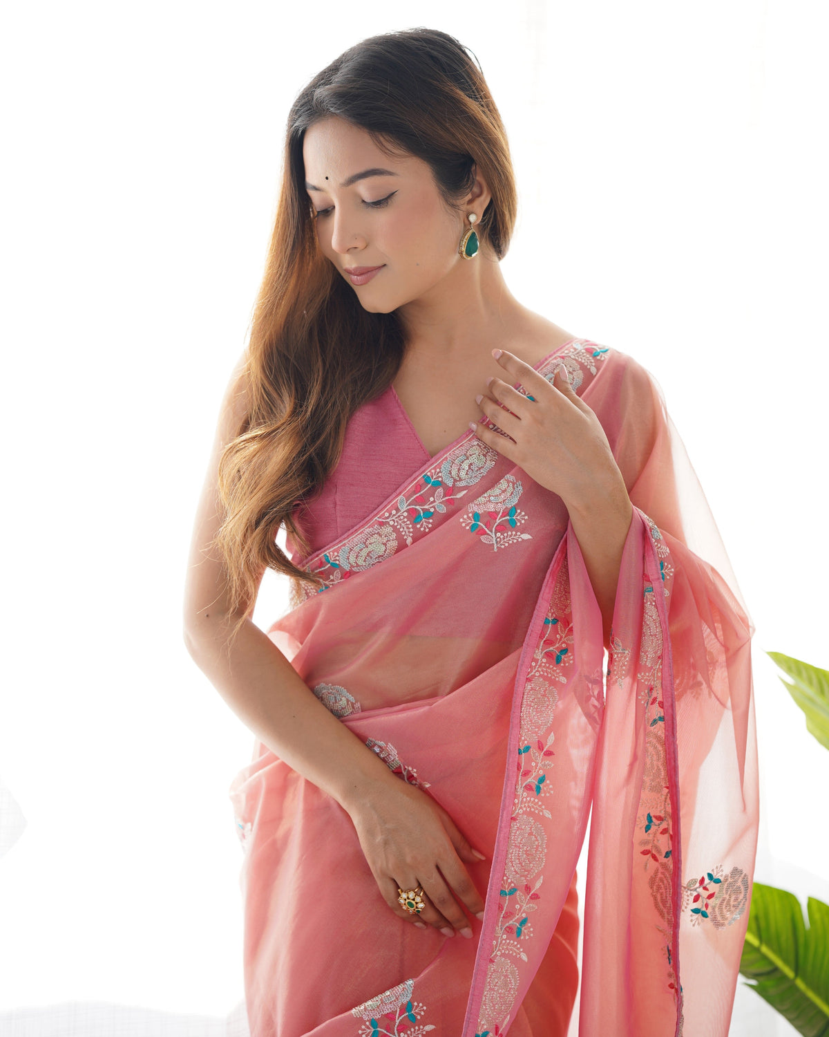 Jyoti Fashion Women's Peach Net Sequins Embroidered Designer Saree with Blouse | Grocsy