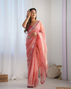 Jyoti Fashion Women's Peach Net Sequins Embroidered Designer Saree with Blouse | Grocsy