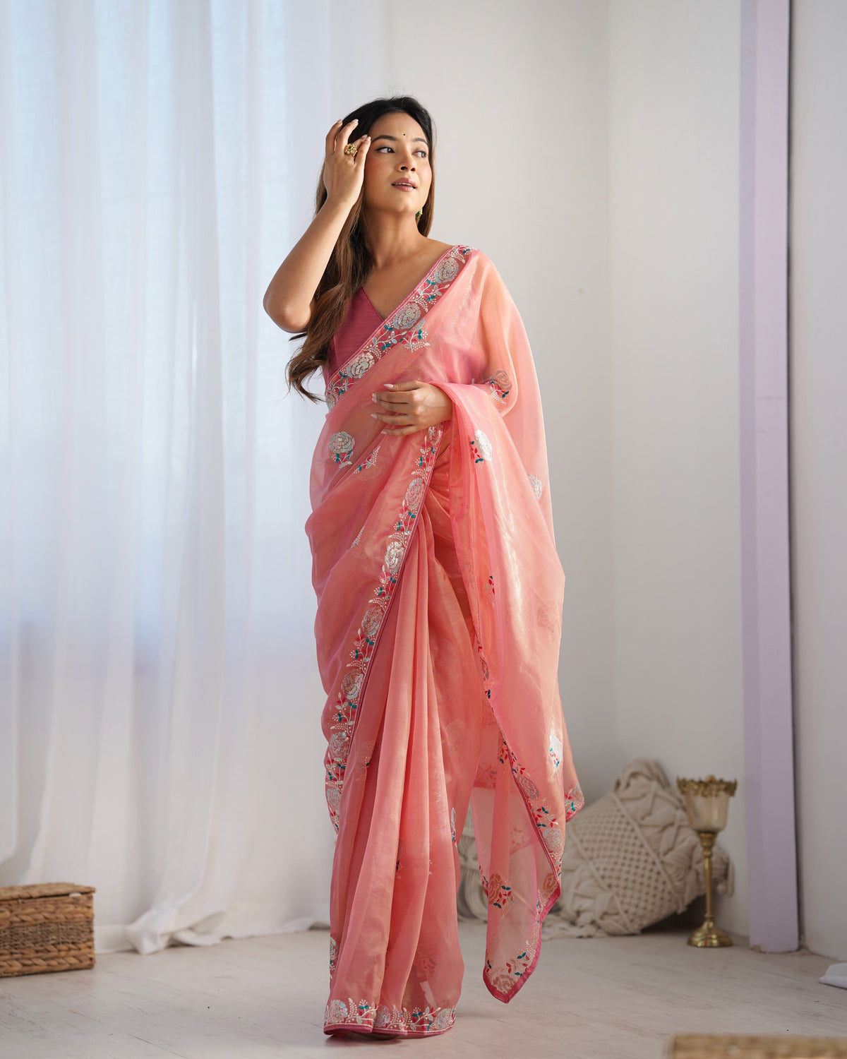 Jyoti Fashion Women's Peach Net Sequins Embroidered Designer Saree with Blouse | Grocsy