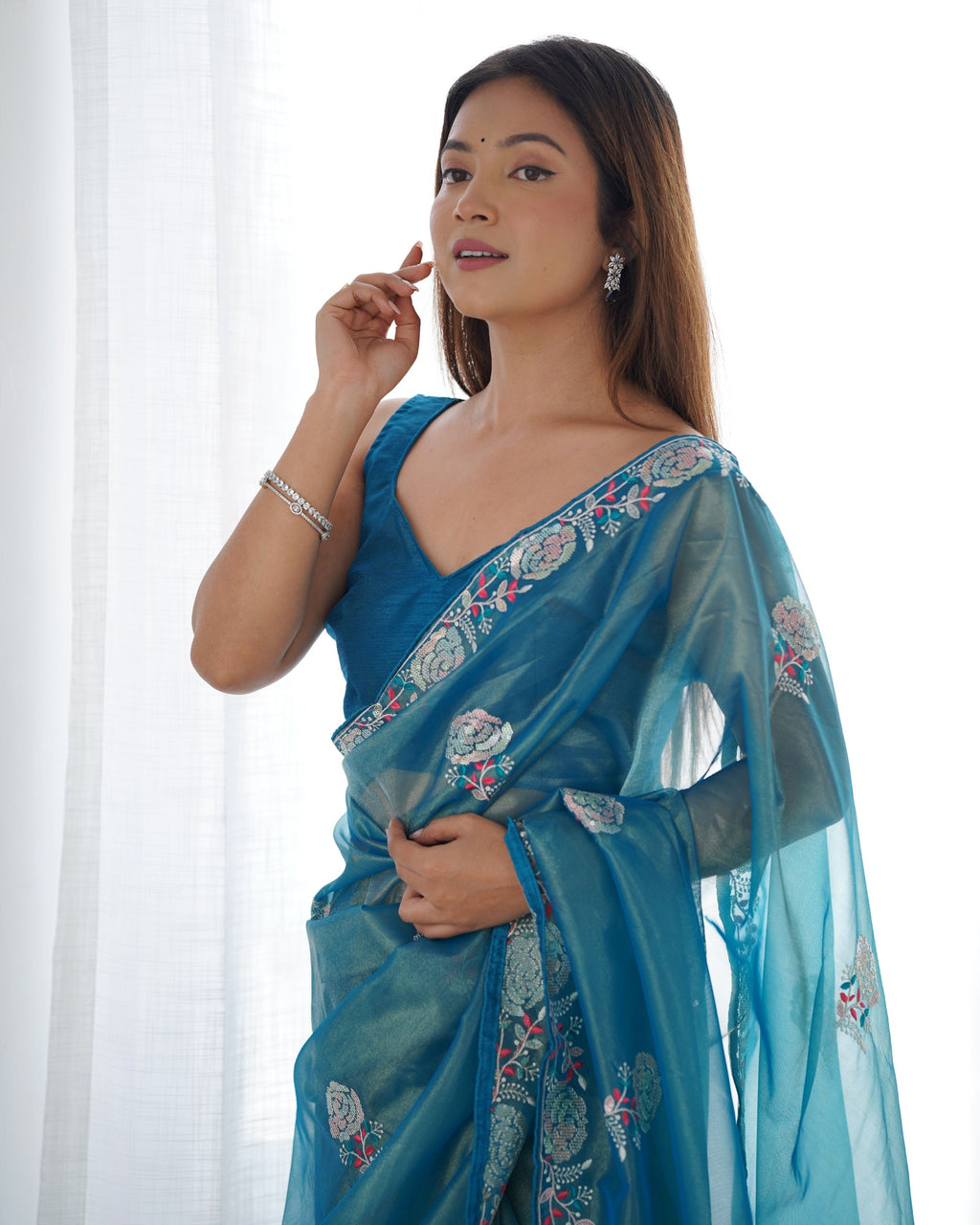 Jyoti Fashion Women's Blue Net Sequins Embroidered Designer Saree with Blouse | Grocsy