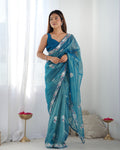 Jyoti Fashion Women's Blue Net Sequins Embroidered Designer Saree with Blouse | Grocsy