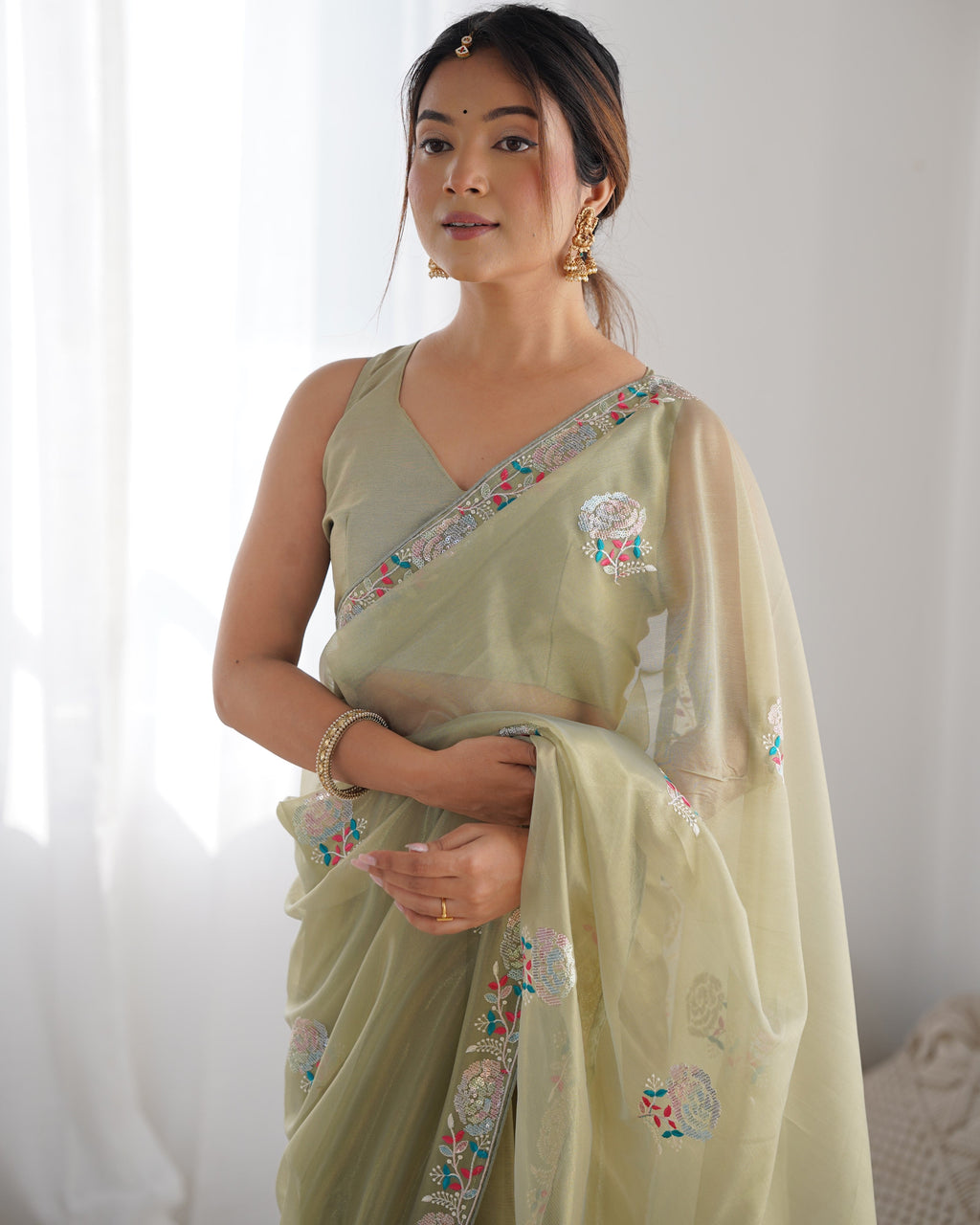 Jyoti Fashion Women's Pista Green Net Sequins Embroidered Designer Saree with Blouse | Grocsy