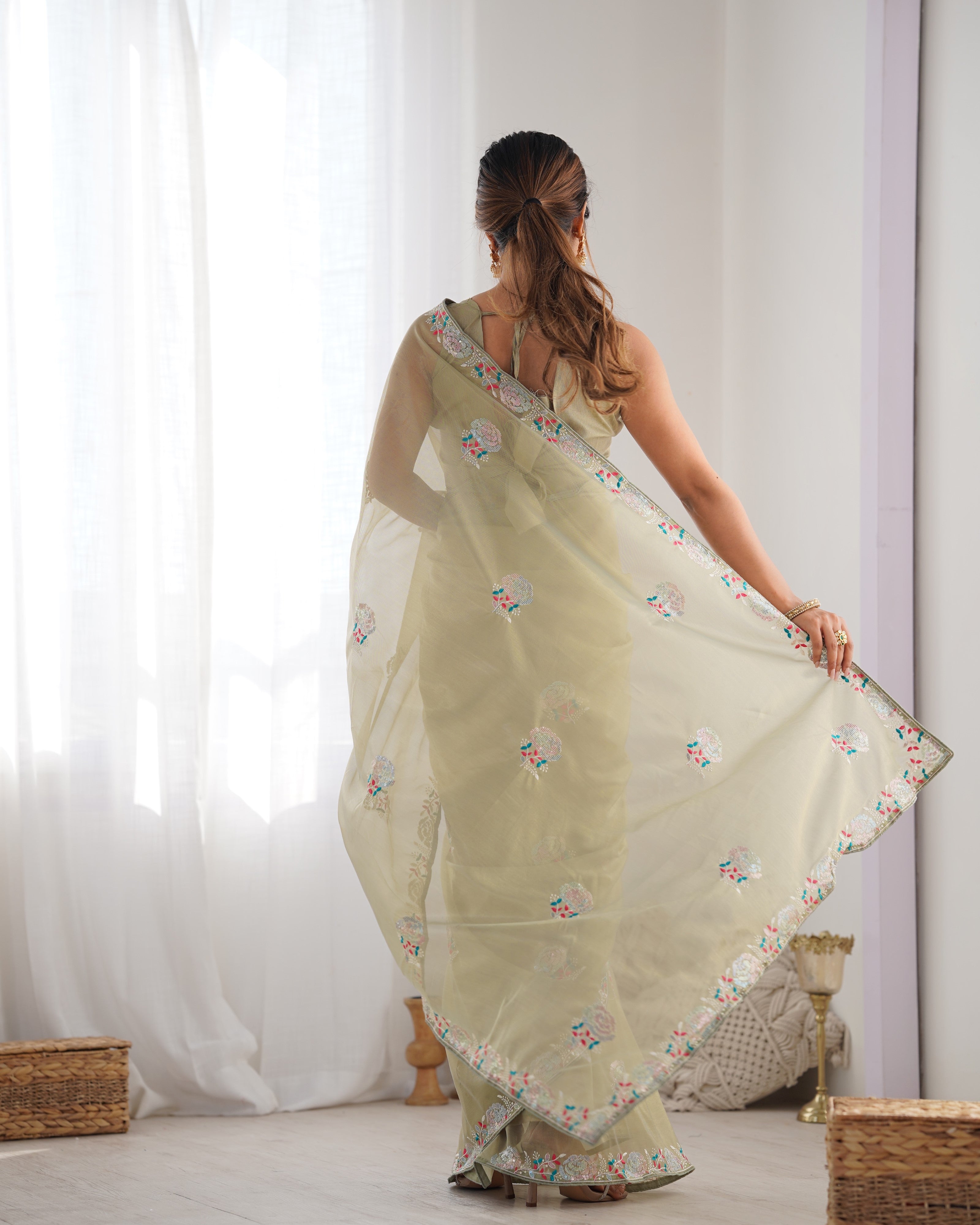 Jyoti Fashion Women's Pista Green Net Sequins Embroidered Designer Saree with Blouse | Grocsy