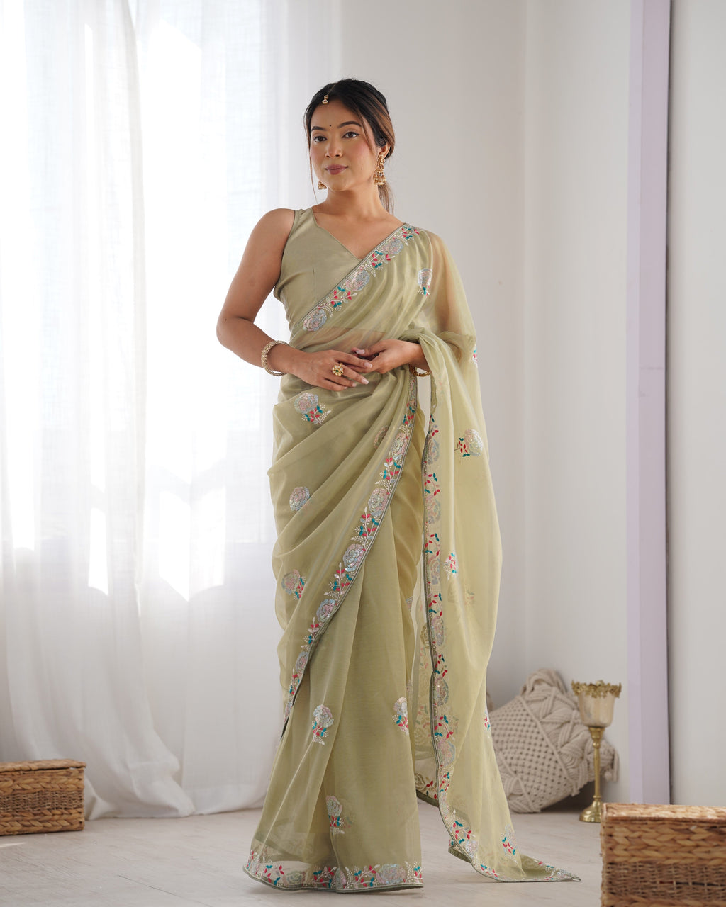 Jyoti Fashion Women's Pista Green Net Sequins Embroidered Designer Saree with Blouse | Grocsy