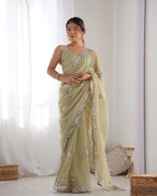Jyoti Fashion Women's Pista Green Net Sequins Embroidered Designer Saree with Blouse | Grocsy