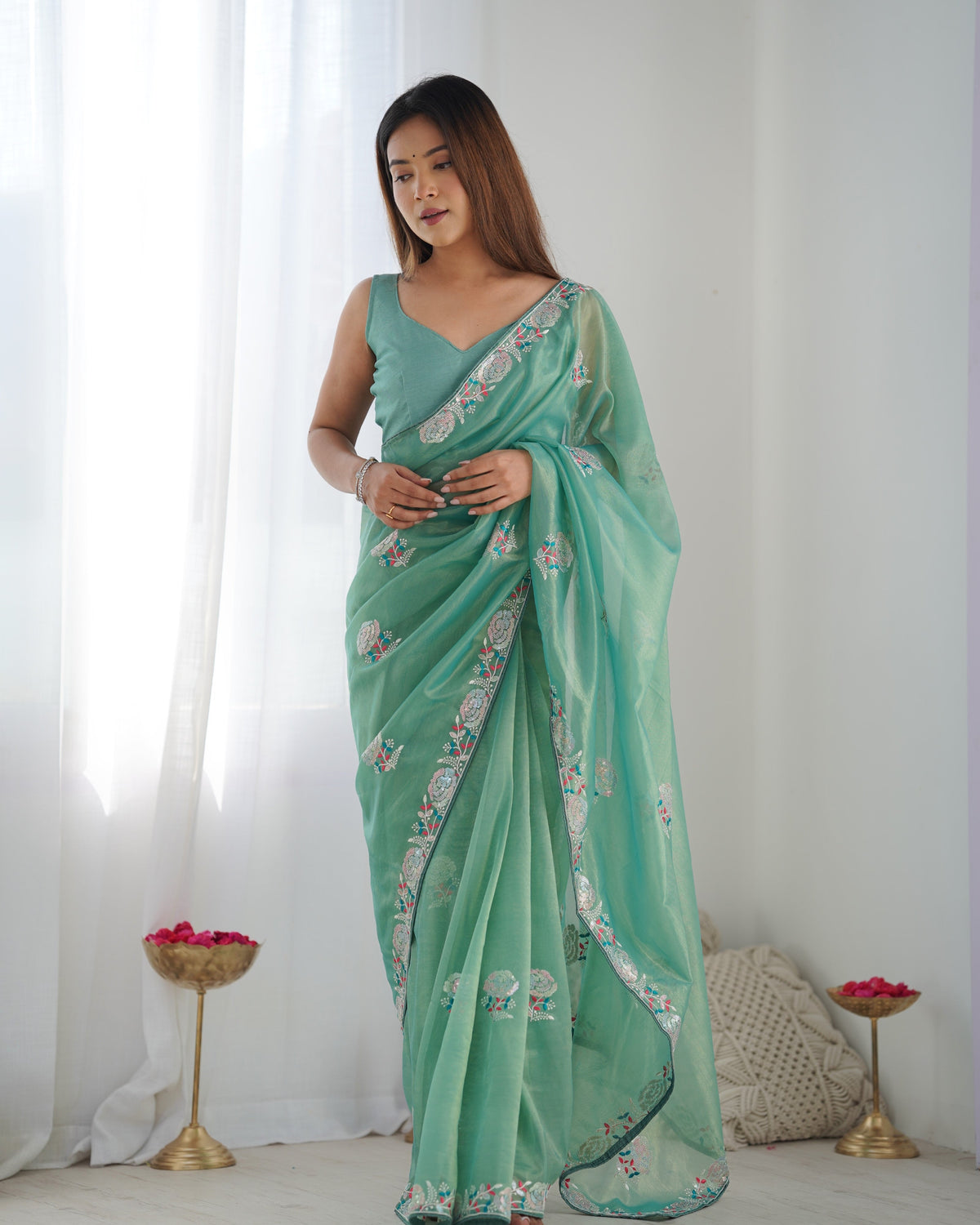 Jyoti Fashion Women's Sea Green Net Sequins Embroidered Designer Saree with Blouse | Grocsy