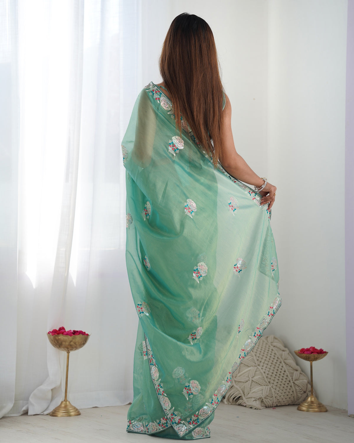 Jyoti Fashion Women's Sea Green Net Sequins Embroidered Designer Saree with Blouse | Grocsy