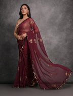 Jyoti Fashion Women's Maroon Chiffon Mirror Work Designer Saree with Blouse | Grocsy