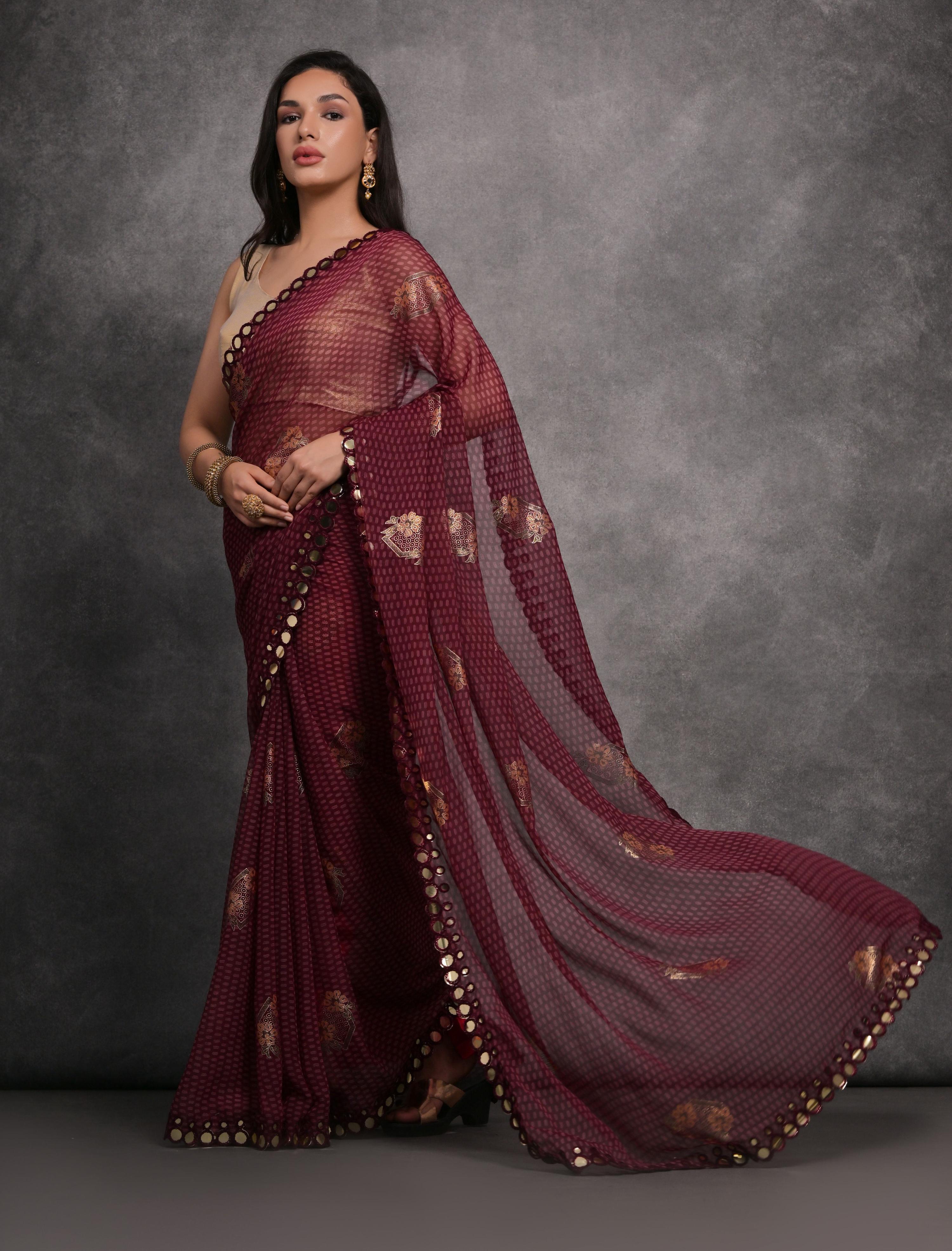 Jyoti Fashion Women's Maroon Chiffon Mirror Work Designer Saree with Blouse | Grocsy