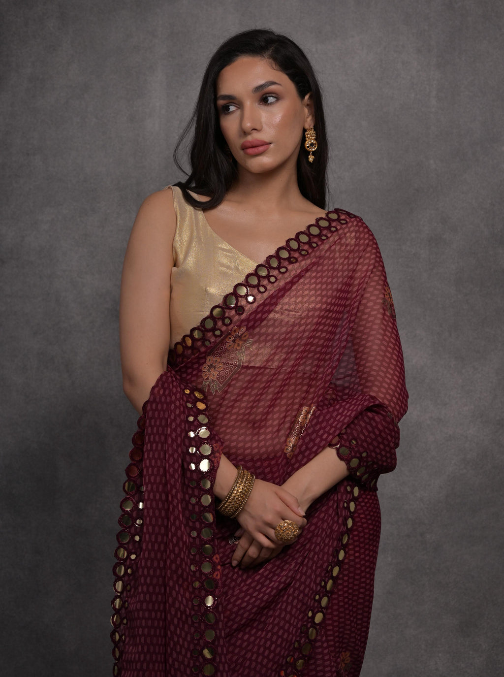 Jyoti Fashion Women's Maroon Chiffon Mirror Work Designer Saree with Blouse | Grocsy