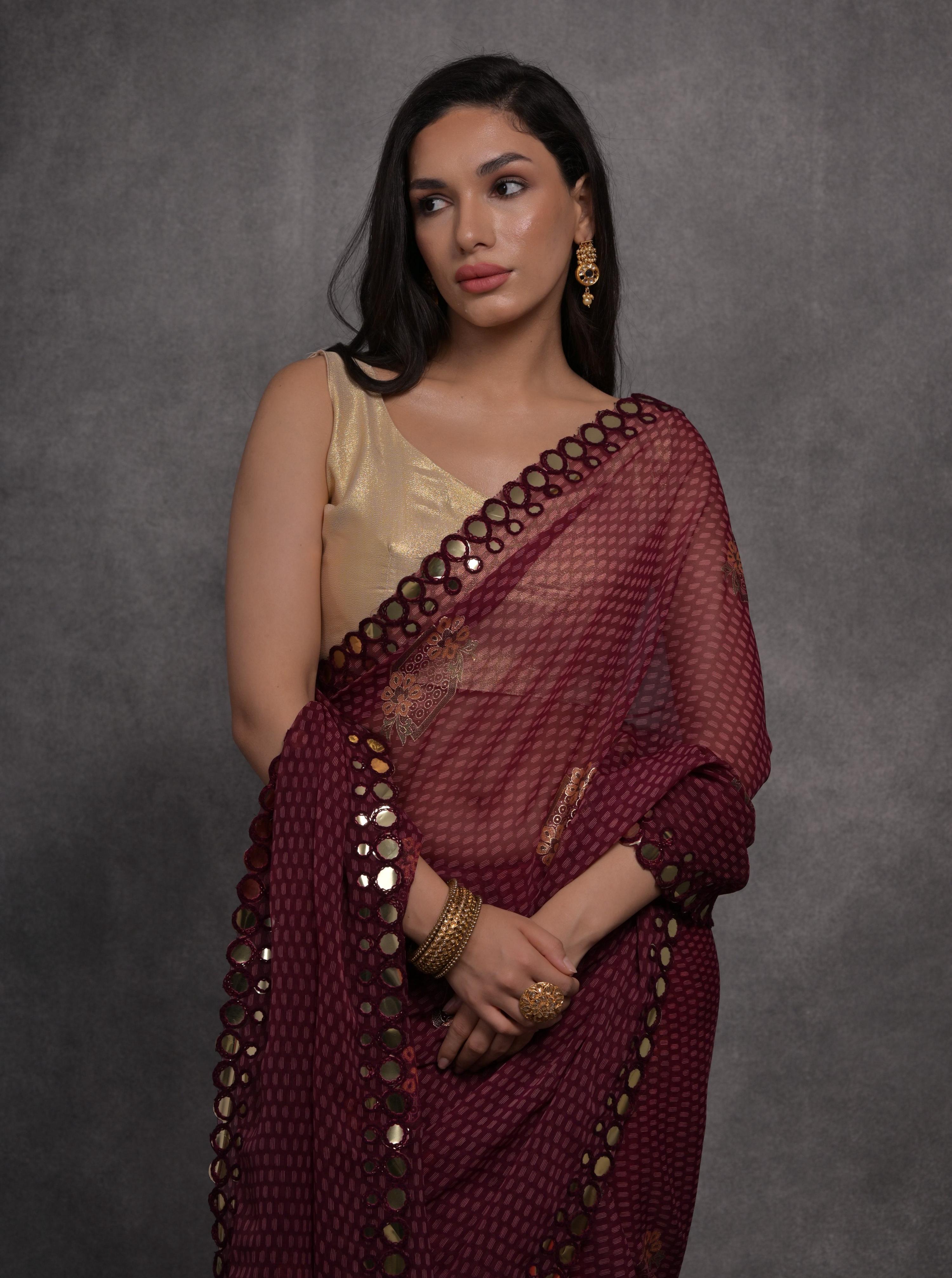 Jyoti Fashion Women's Maroon Chiffon Mirror Work Designer Saree with Blouse | Grocsy