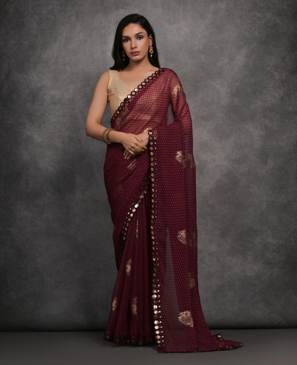 Jyoti Fashion Women's Maroon Chiffon Mirror Work Designer Saree with Blouse | Grocsy