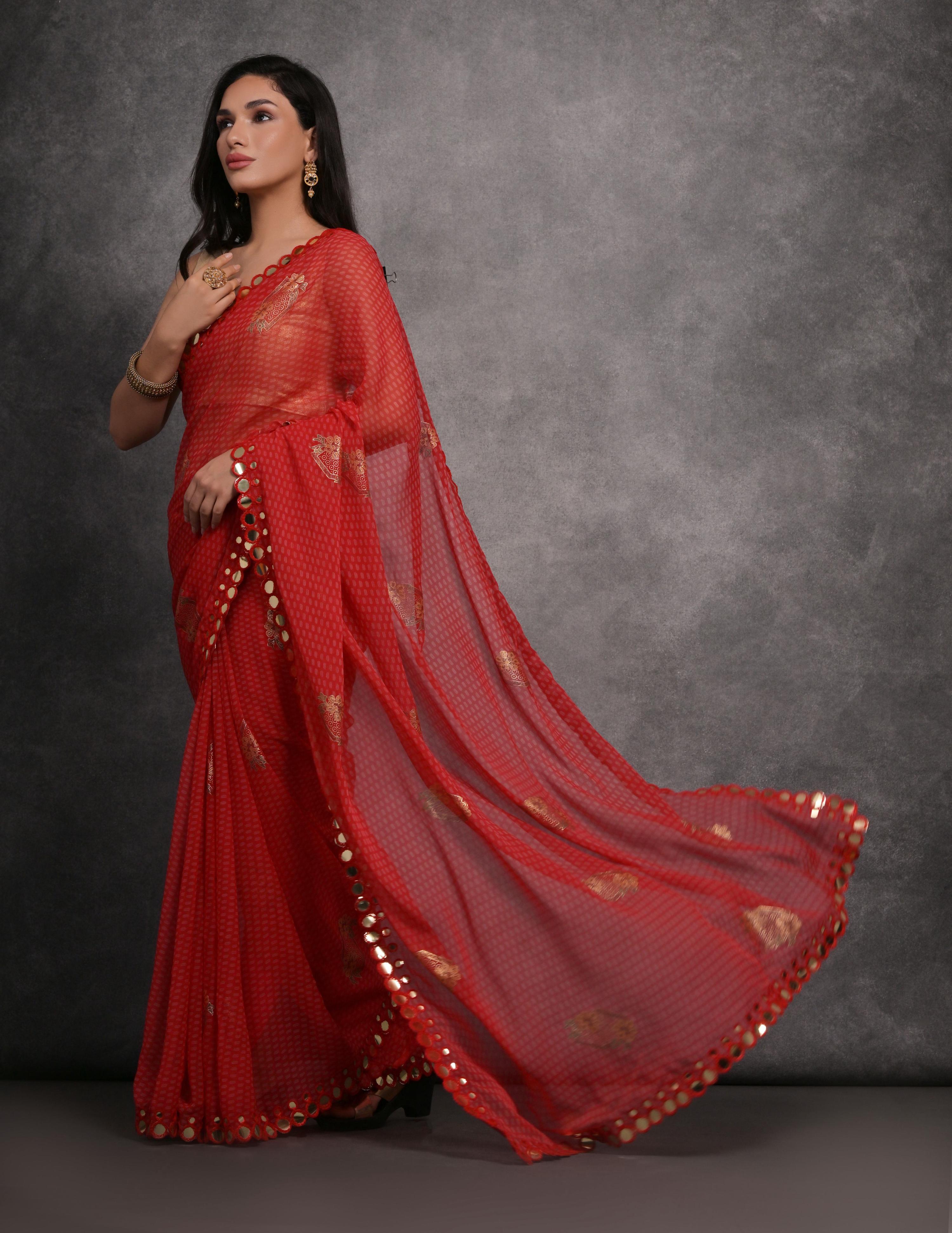 Jyoti Fashion Women's Red Chiffon Mirror Work Designer Saree with Blouse | Grocsy
