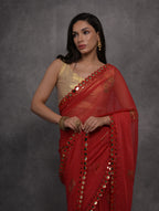 Jyoti Fashion Women's Red Chiffon Mirror Work Designer Saree with Blouse | Grocsy