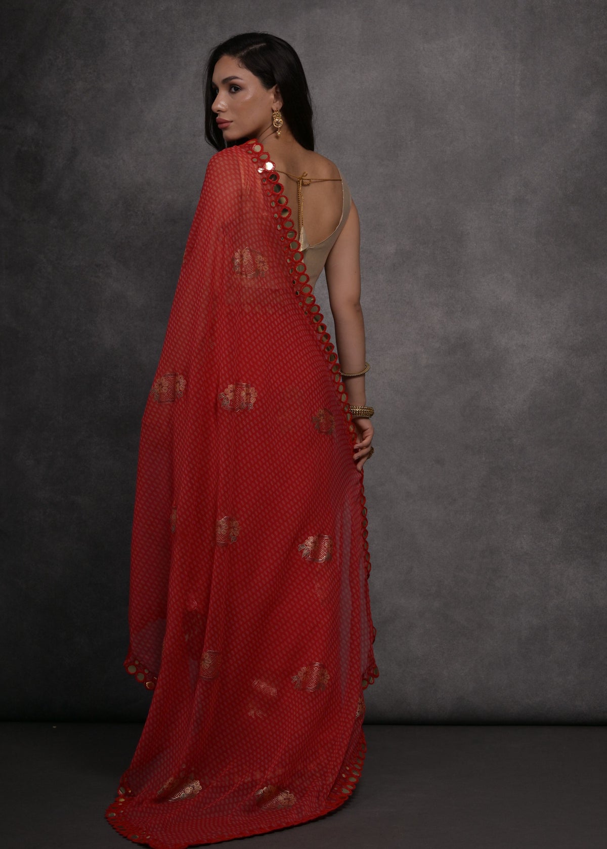 Jyoti Fashion Women's Red Chiffon Mirror Work Designer Saree with Blouse | Grocsy