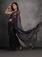 Jyoti Fashion Women's Navy Blue Chiffon Mirror Work Designer Saree with Blouse | Grocsy