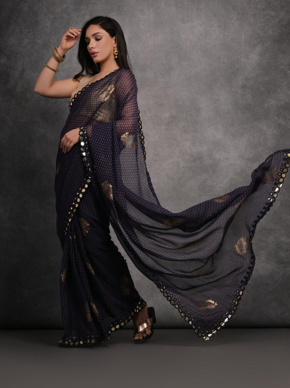 Jyoti Fashion Women's Navy Blue Chiffon Mirror Work Designer Saree with Blouse | Grocsy
