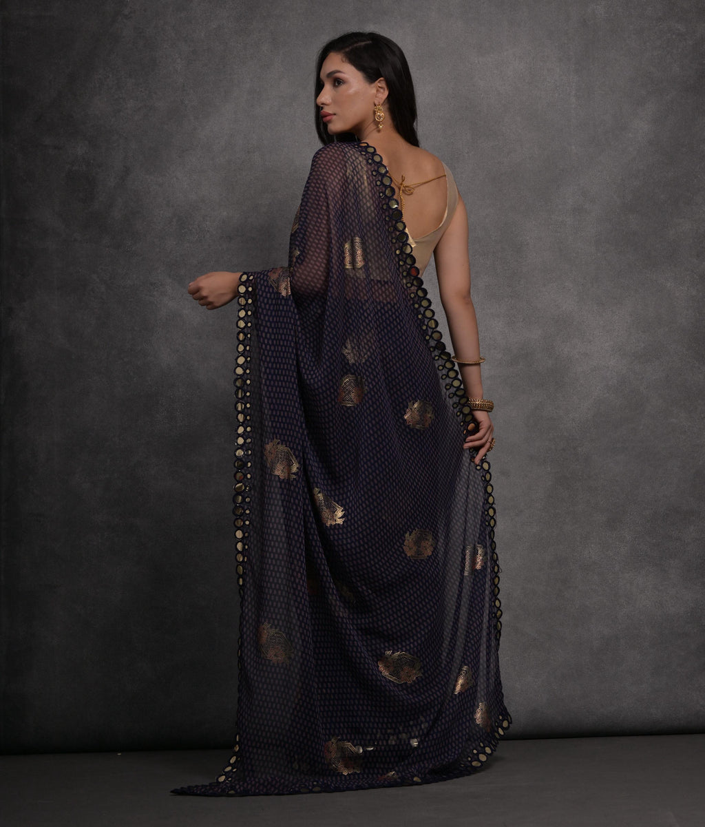 Jyoti Fashion Women's Navy Blue Chiffon Mirror Work Designer Saree with Blouse | Grocsy