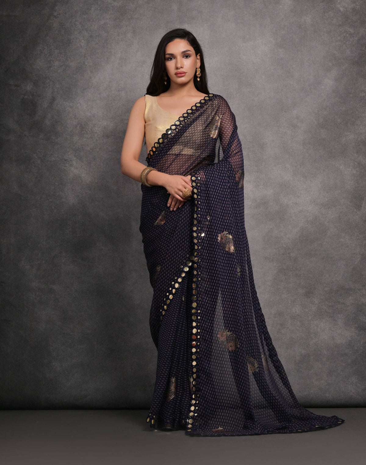Jyoti Fashion Women's Navy Blue Chiffon Mirror Work Designer Saree with Blouse | Grocsy