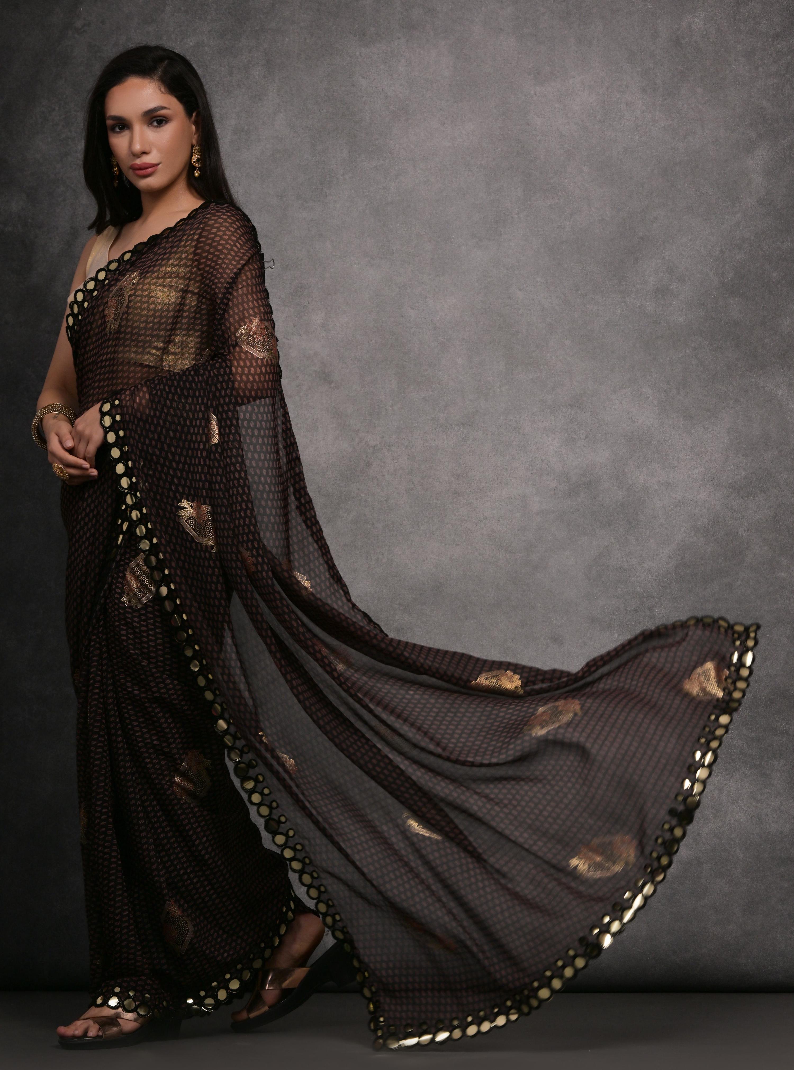 Jyoti Fashion Women's Black Chiffon Mirror Work Designer Saree with Blouse | Grocsy