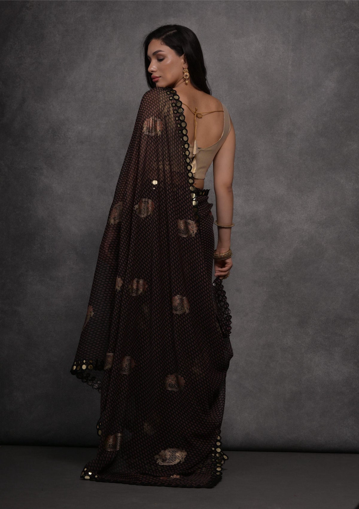 Jyoti Fashion Women's Black Chiffon Mirror Work Designer Saree with Blouse | Grocsy