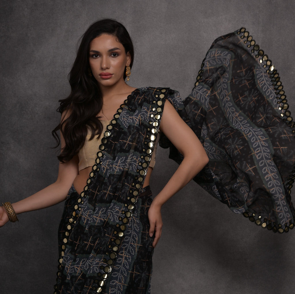 Jyoti Fashion Women's Grey Chiffon Mirror Work Designer Saree with Blouse | Grocsy