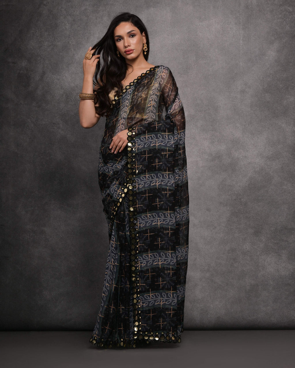 Jyoti Fashion Women's Grey Chiffon Mirror Work Designer Saree with Blouse | Grocsy