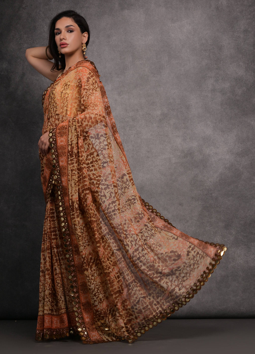 Jyoti Fashion Women's Brown Chiffon Mirror Work Designer Saree with Blouse | Grocsy