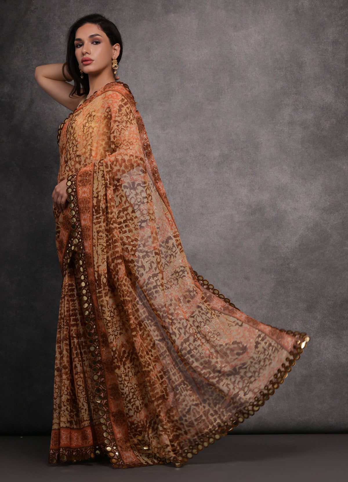 Jyoti Fashion Women's Brown Chiffon Mirror Work Designer Saree with Blouse | Grocsy