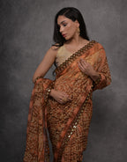 Jyoti Fashion Women's Brown Chiffon Mirror Work Designer Saree with Blouse | Grocsy