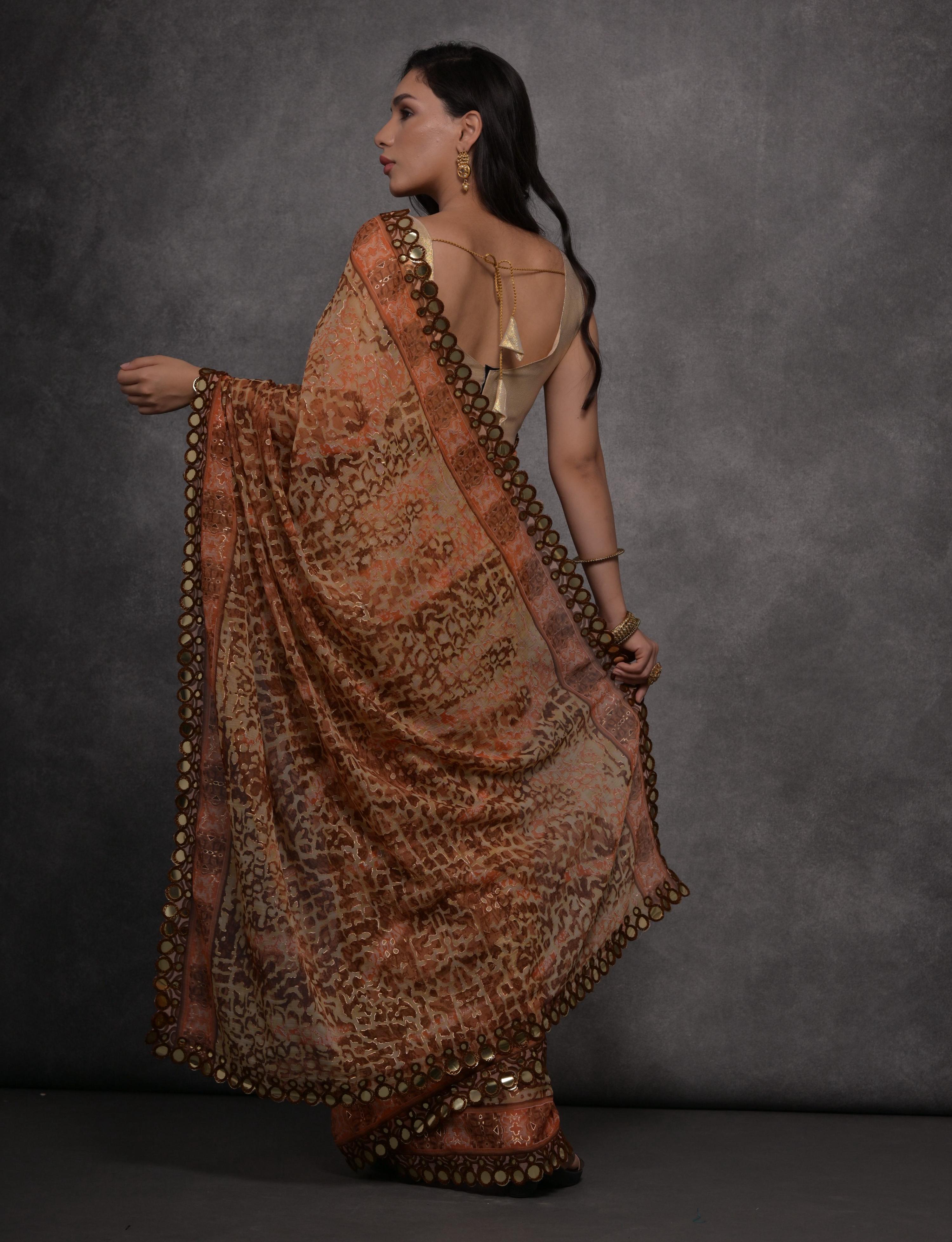 Jyoti Fashion Women's Brown Chiffon Mirror Work Designer Saree with Blouse | Grocsy