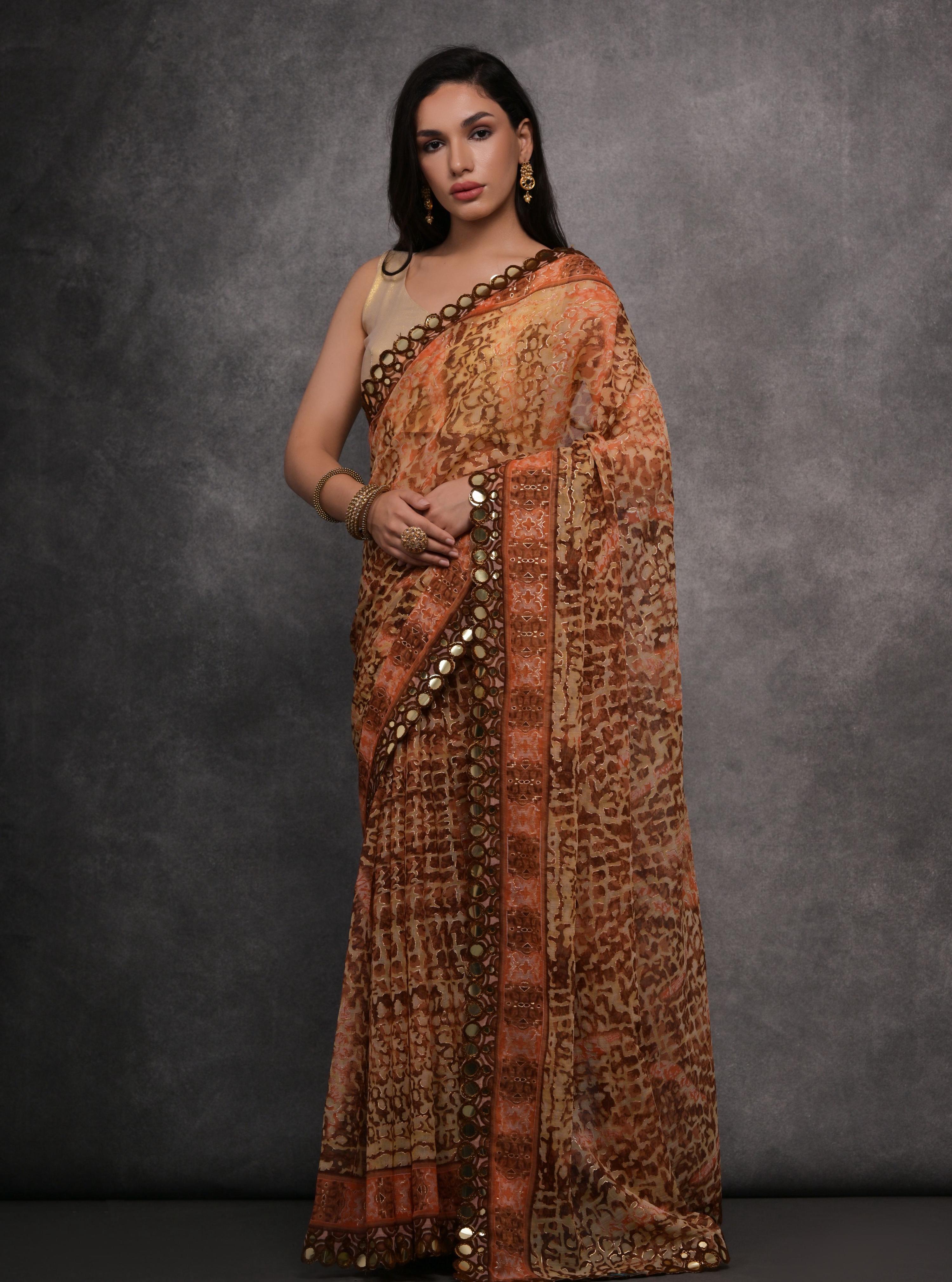 Jyoti Fashion Women's Brown Chiffon Mirror Work Designer Saree with Blouse | Grocsy