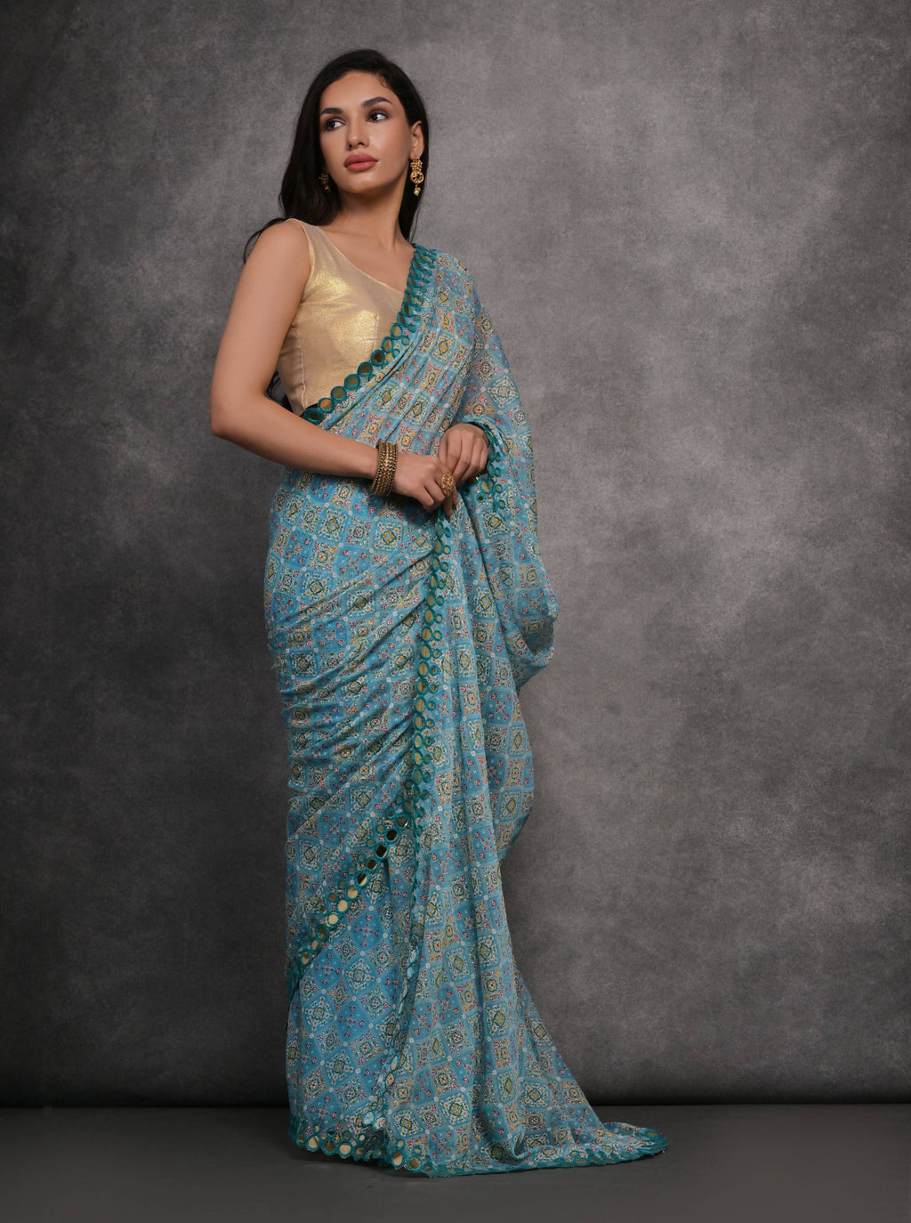 Jyoti Fashion Women's Sky Blue Chiffon Mirror Work Designer Saree with Blouse | Grocsy