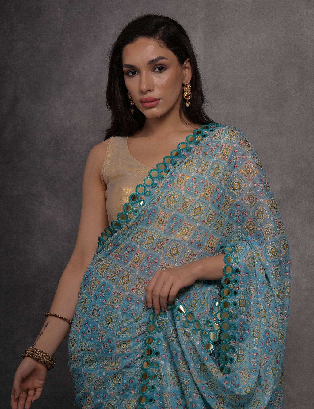 Jyoti Fashion Women's Sky Blue Chiffon Mirror Work Designer Saree with Blouse | Grocsy