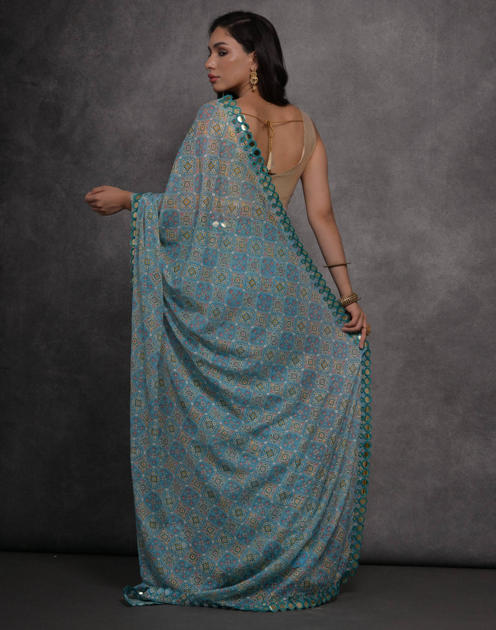 Jyoti Fashion Women's Sky Blue Chiffon Mirror Work Designer Saree with Blouse | Grocsy