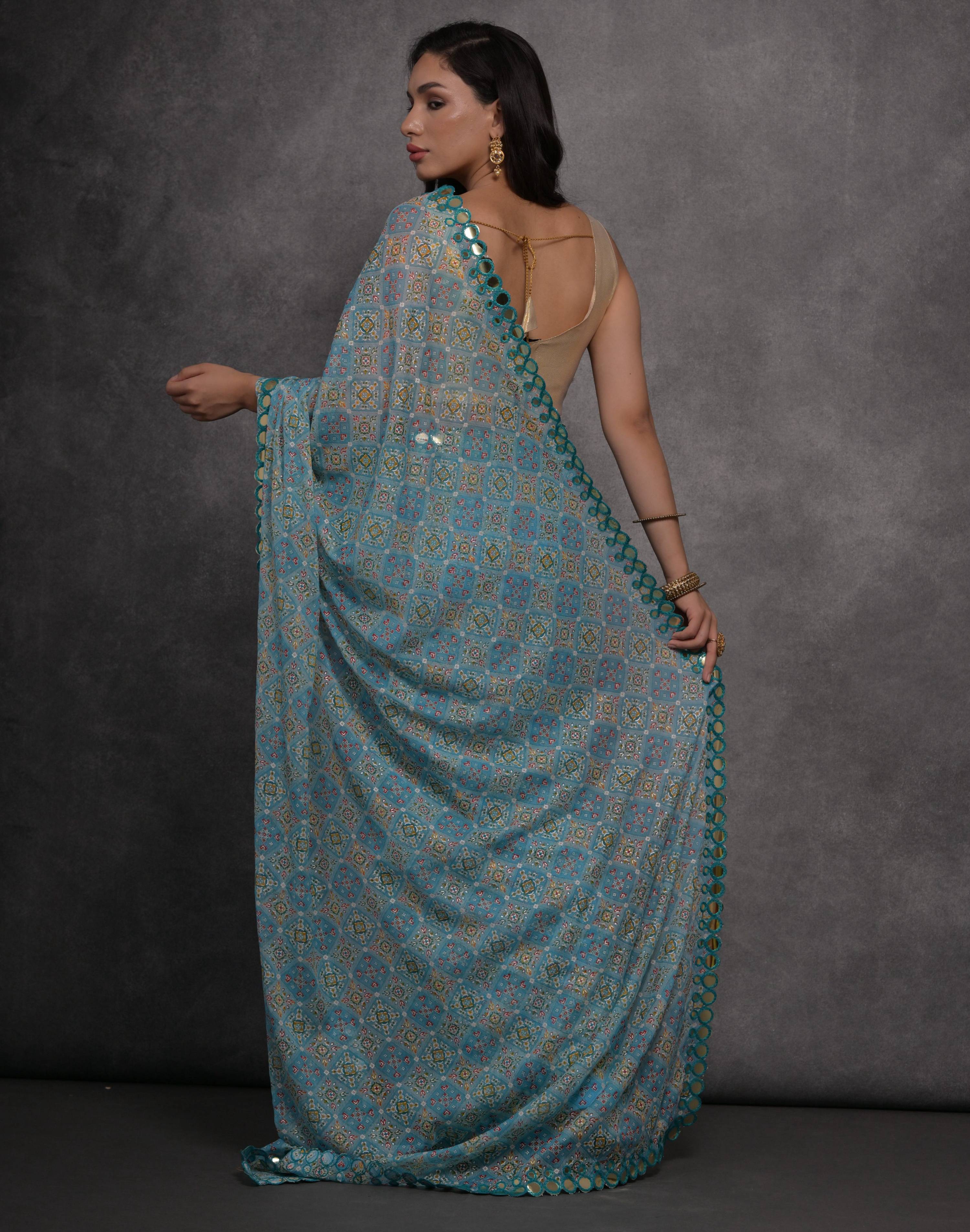 Jyoti Fashion Women's Sky Blue Chiffon Mirror Work Designer Saree with Blouse | Grocsy