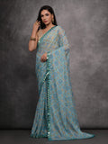 Jyoti Fashion Women's Sky Blue Chiffon Mirror Work Designer Saree with Blouse | Grocsy