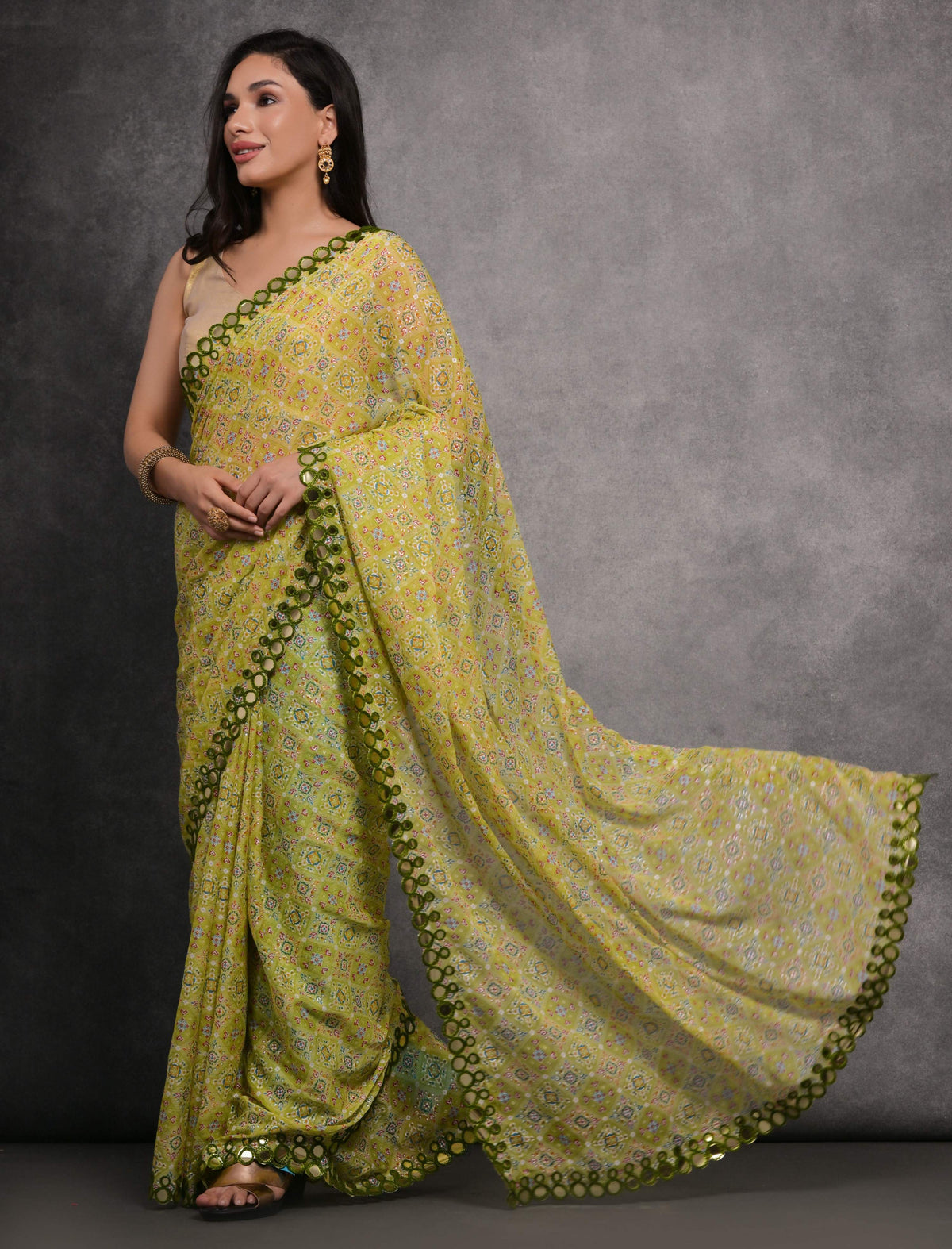 Jyoti Fashion Women's Mehendi Chiffon Mirror Work Designer Saree with Blouse | Grocsy