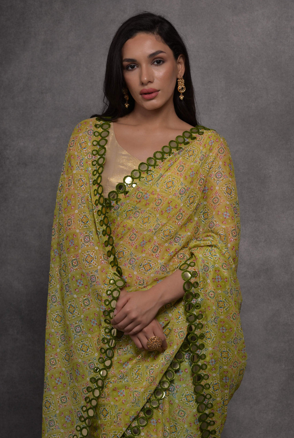 Jyoti Fashion Women's Mehendi Chiffon Mirror Work Designer Saree with Blouse | Grocsy